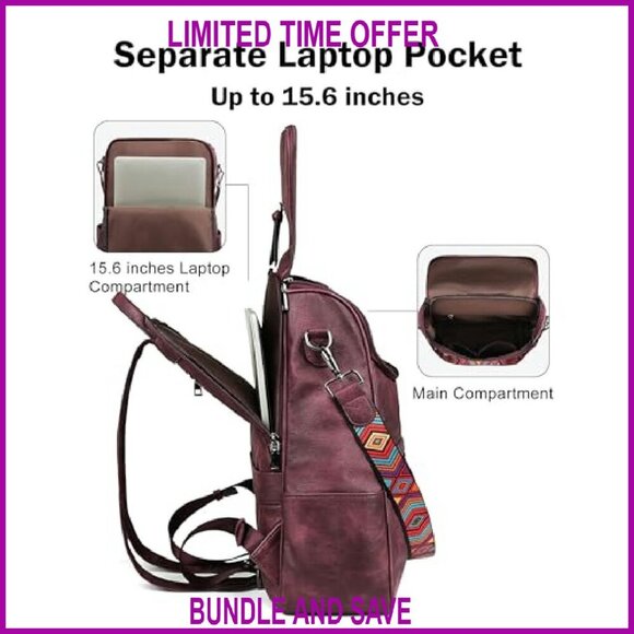 Leather Laptop Backpack for Women, 15.6 Inch, 12 Pockets, Travel & Work
